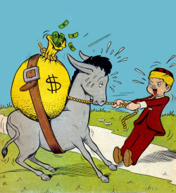 Boy pulling a donkey carrying a big bag of money