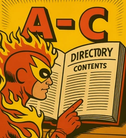 Superhero looking at directory for letters A - C