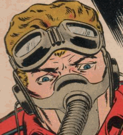 A frightened looking pilot with a face mask and goggles