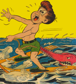 A cartoon boy about to be bitten by a sawfish