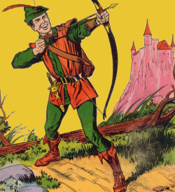 Robin Hood about to shoot an arrow with a pink castle in the background