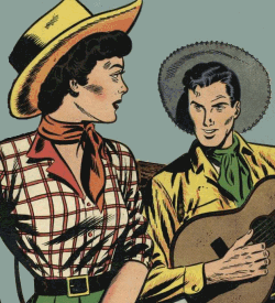 A cowboy with a guitar singing to a cowgirl