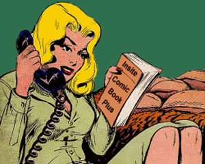 Connie Rodd on the telephone reading a manual