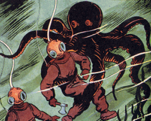An octopus attacking divers in bug-eyed suits