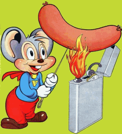Supermouse cooking a sausage
