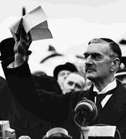 Neville Chamberlain declaring 'Peace For Our Time'