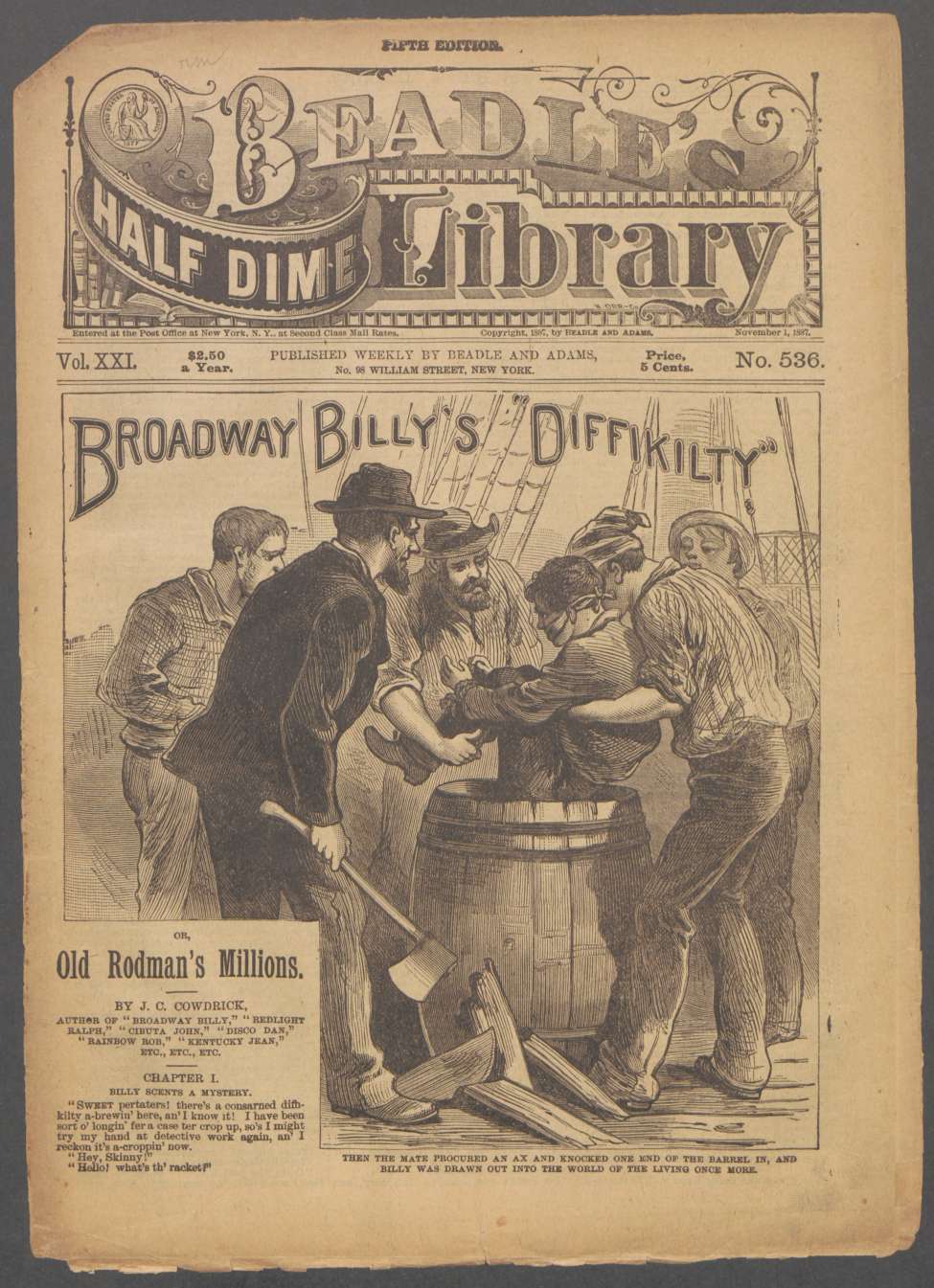 Book Cover For Beadle's Half Dime Library 536 - Broadway Billy's Diffikilty