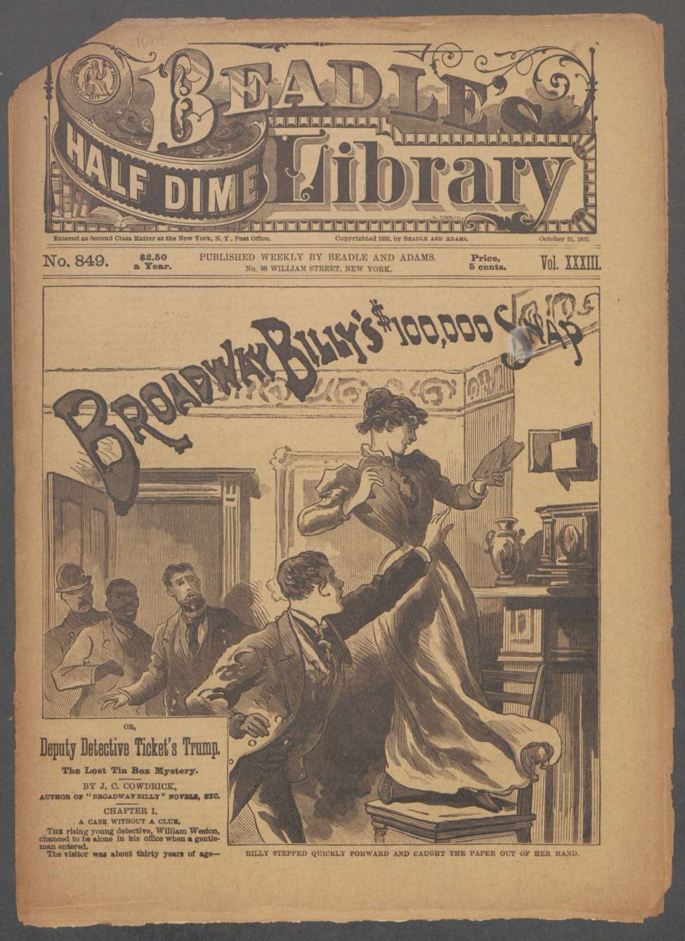 Book Cover For Beadle's Half Dime Library 849 - Broadway Billy's $100,000 Snap