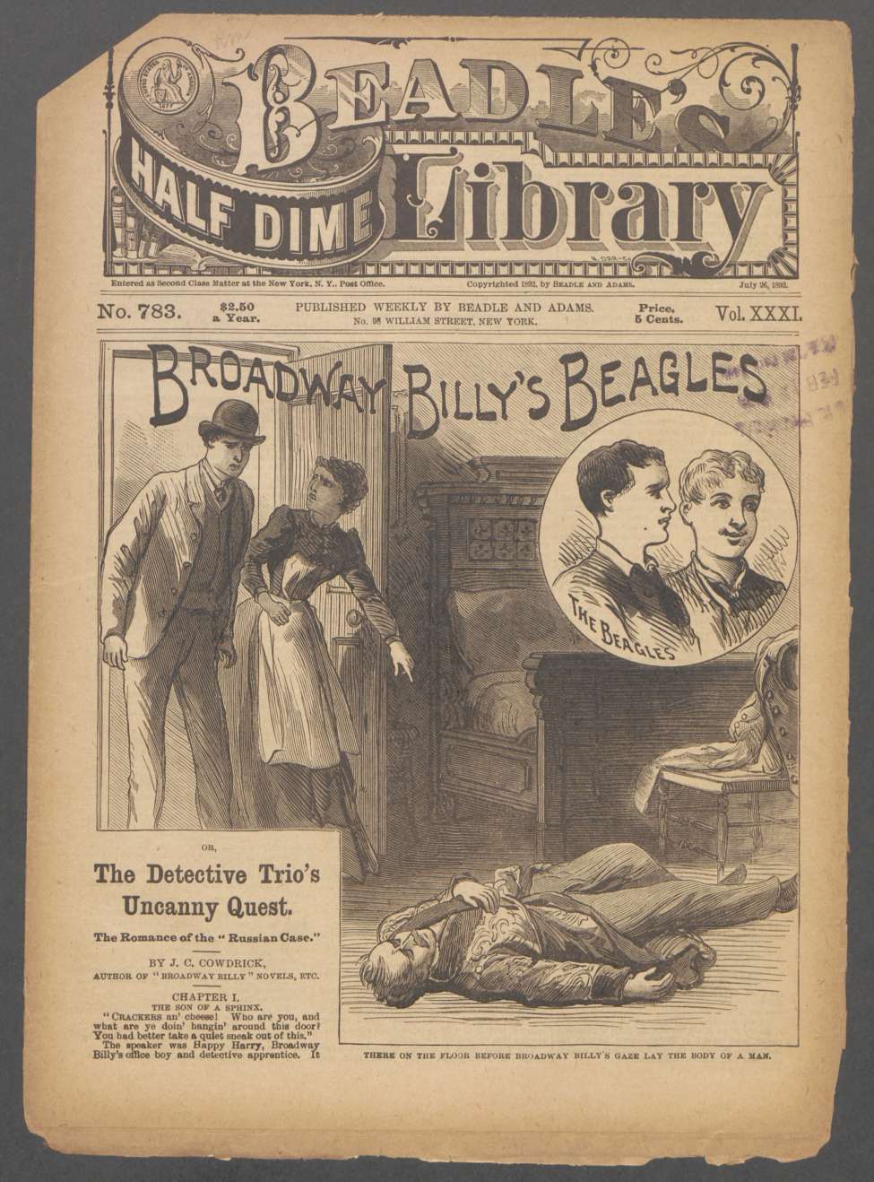 Book Cover For Beadle's Half Dime Library 783 - Broadway Billy's Beagles