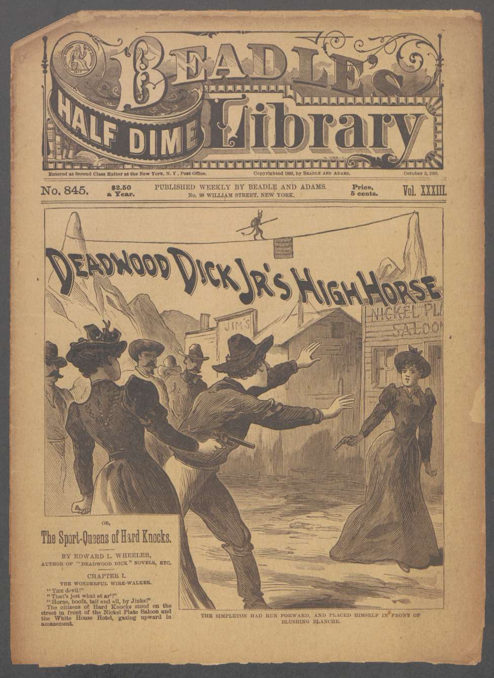 Book Cover For Beadle's Half Dime Library 845 - Deadwood Dick Jr.'s High Horse