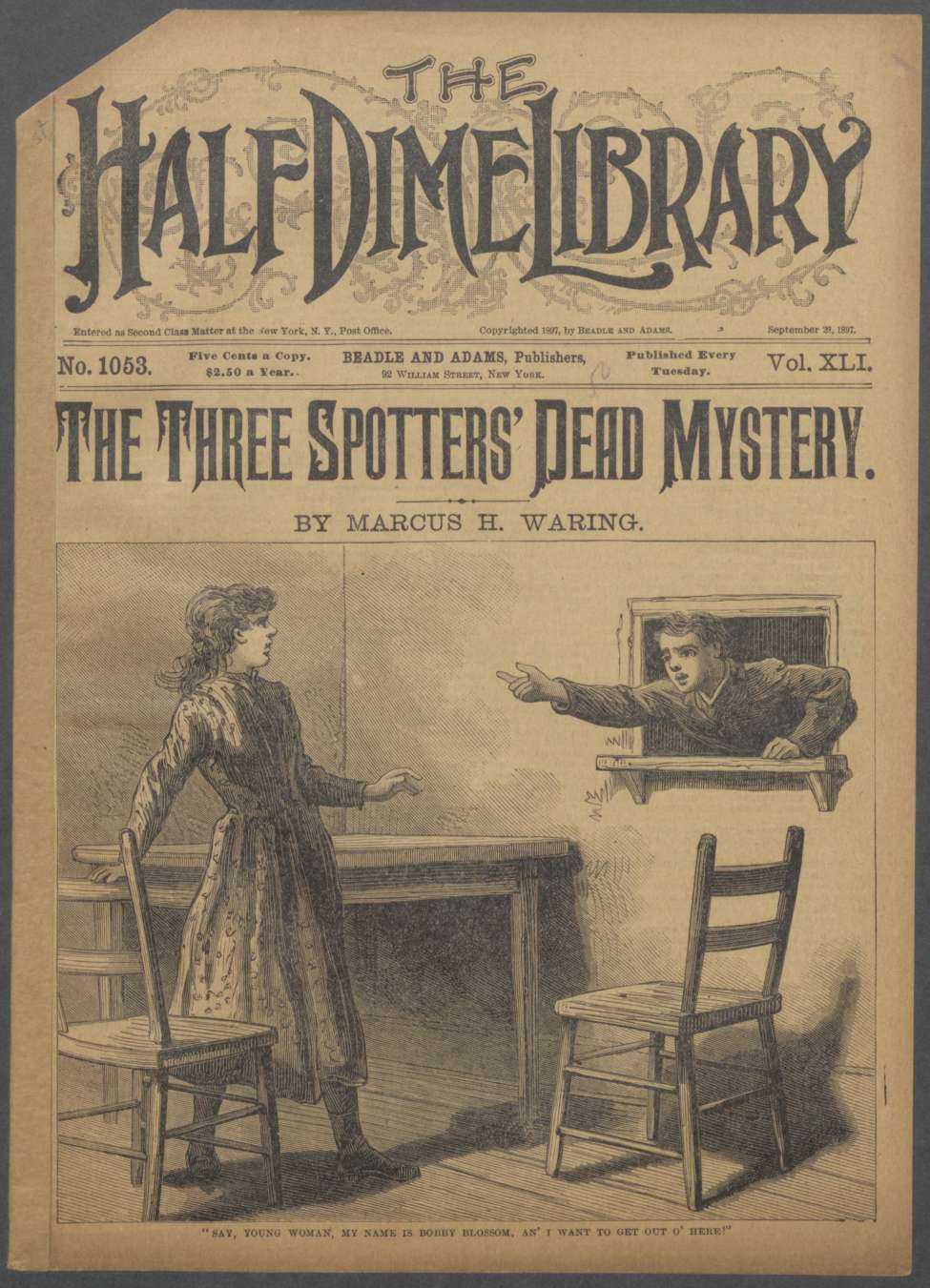 Book Cover For Beadle's Half Dime Library 1053 - The Three Spotters' Dead Mystery