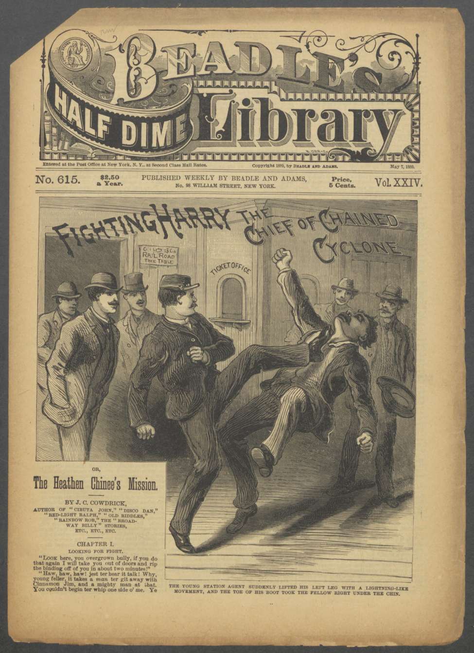 Book Cover For Beadle's Half Dime Library 615 - Fighting Harry, the Chief of Chained Cyclone