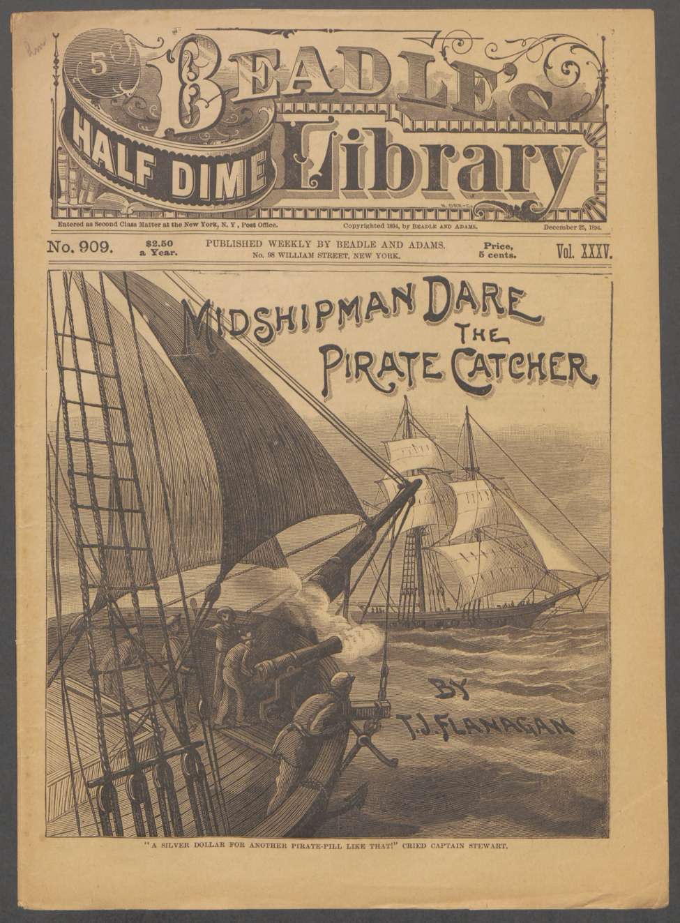 Book Cover For Beadle's Half Dime Library 909 - Midshipman Dare, the Pirate-Catcher