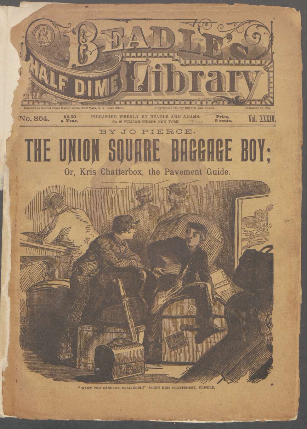 Book Cover For Beadle's Half Dime Library 864 - The Union Square Baggage Boy