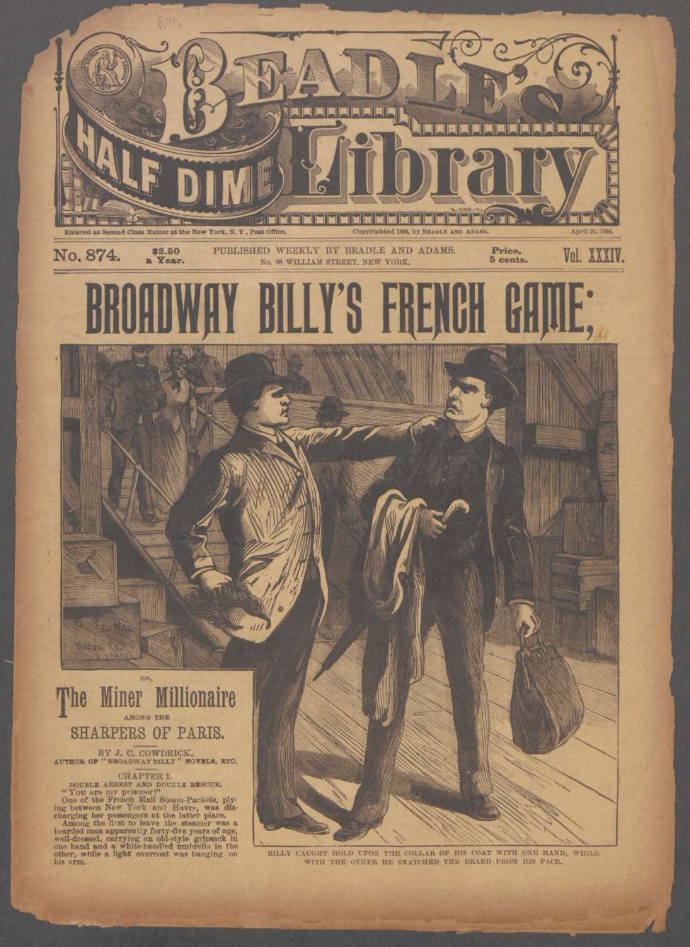 Book Cover For Beadle's Half Dime Library 874 - Broadway Billy's French Game
