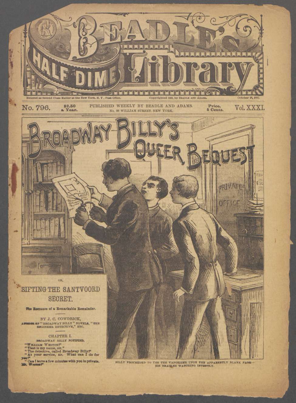 Book Cover For Beadle's Half Dime Library 796 - Broadway Billy's Queer Bequest