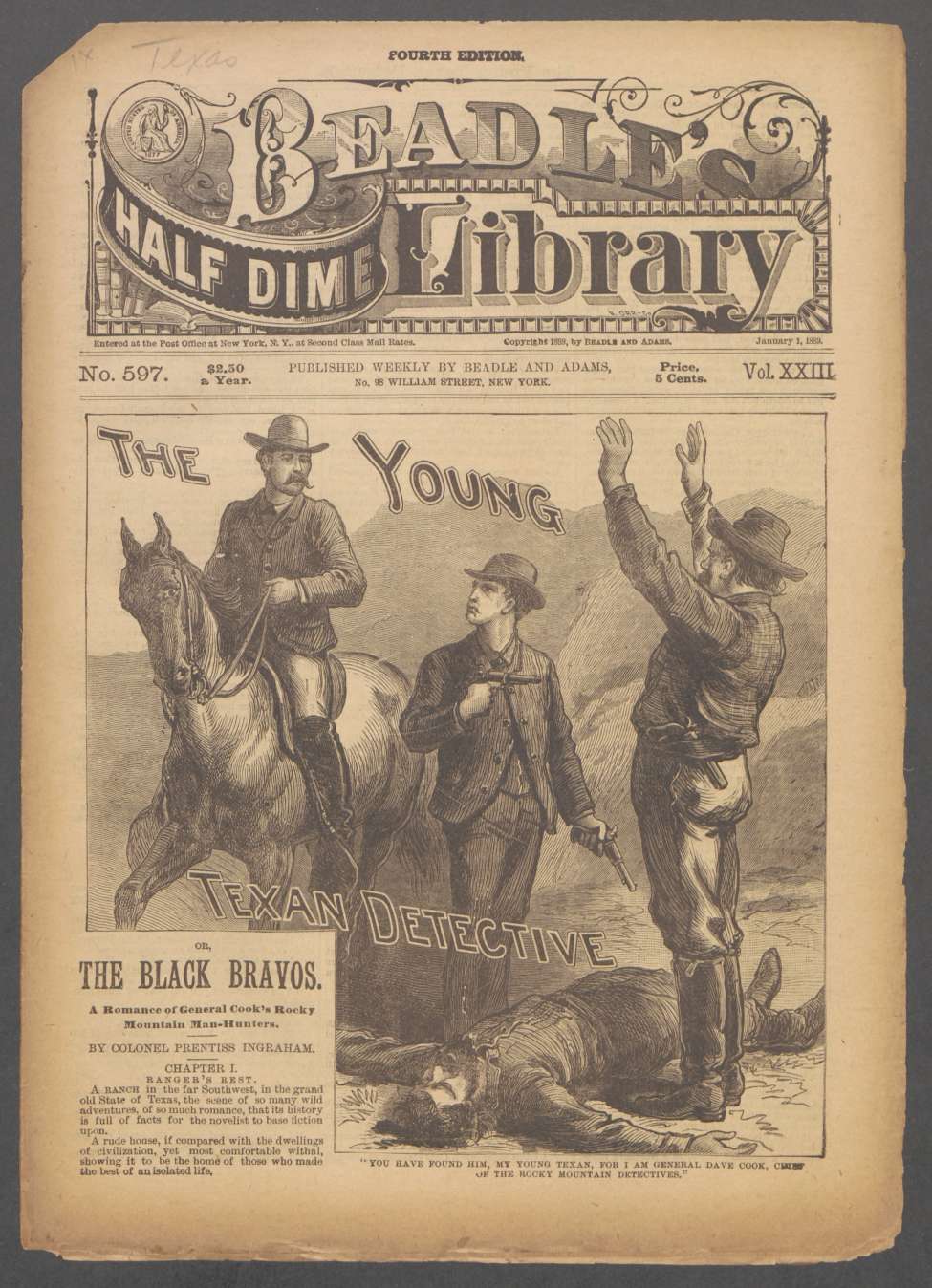 Book Cover For Beadle's Half Dime Library 597 - The Young Texan Detective