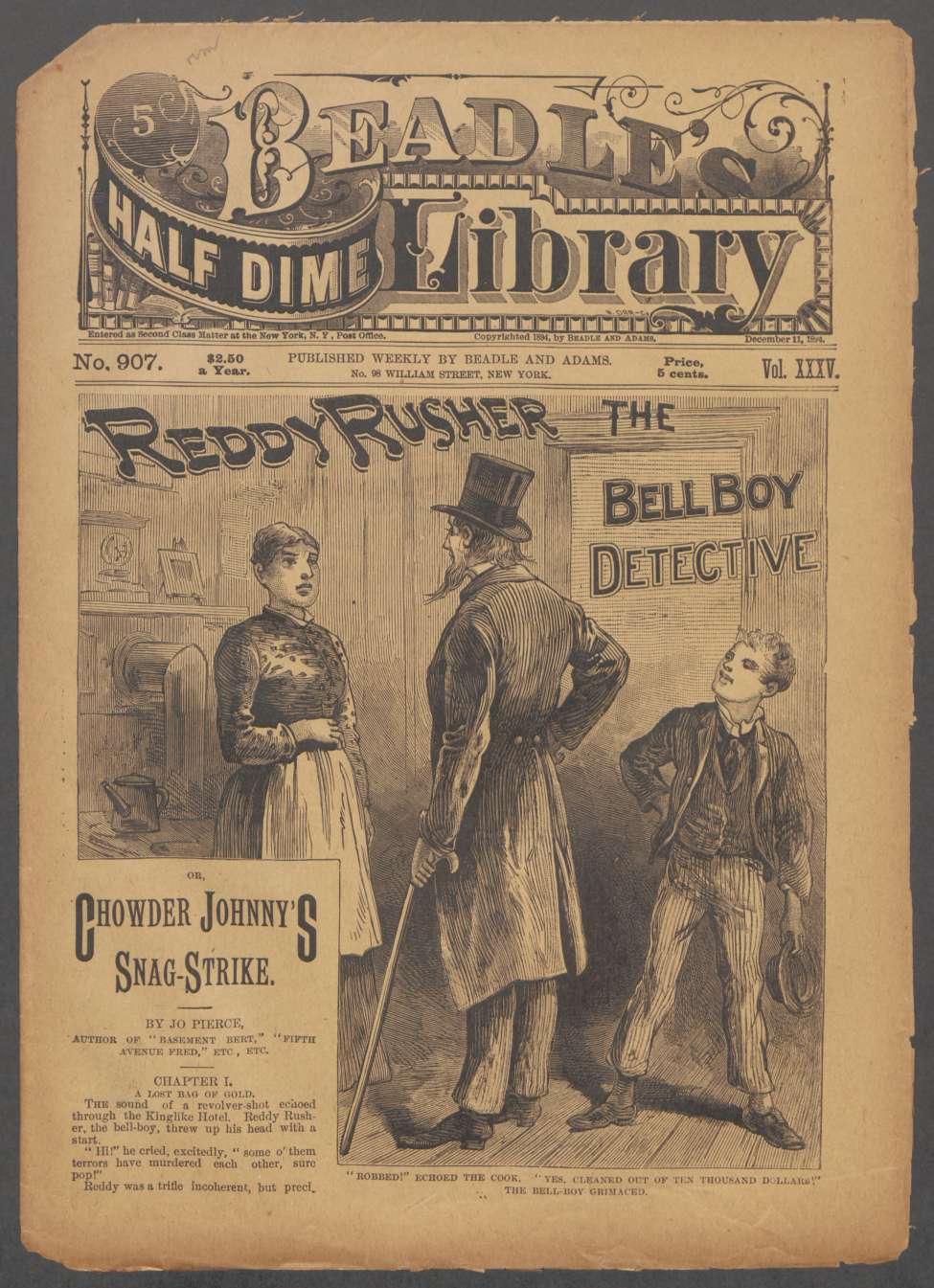 Book Cover For Beadle's Half Dime Library 907 - Reddy Rusher, the Bellboy Detective