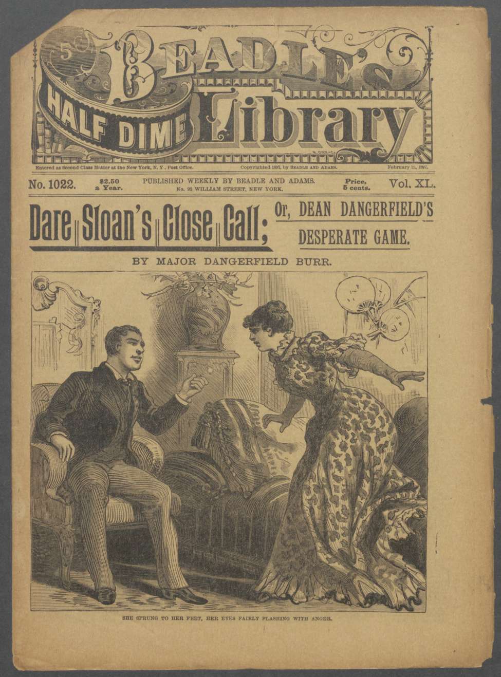 Book Cover For Beadle's Half Dime Library 1022 - Dare Sloan's Close Call