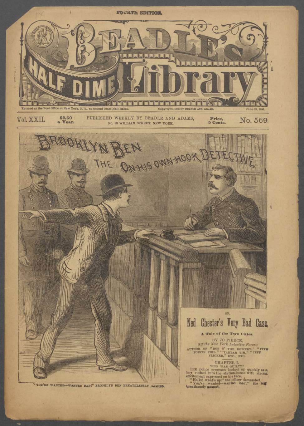 Book Cover For Beadle's Half Dime Library 569 - Brooklyn Ben, the On-His-Own-Hook Detective