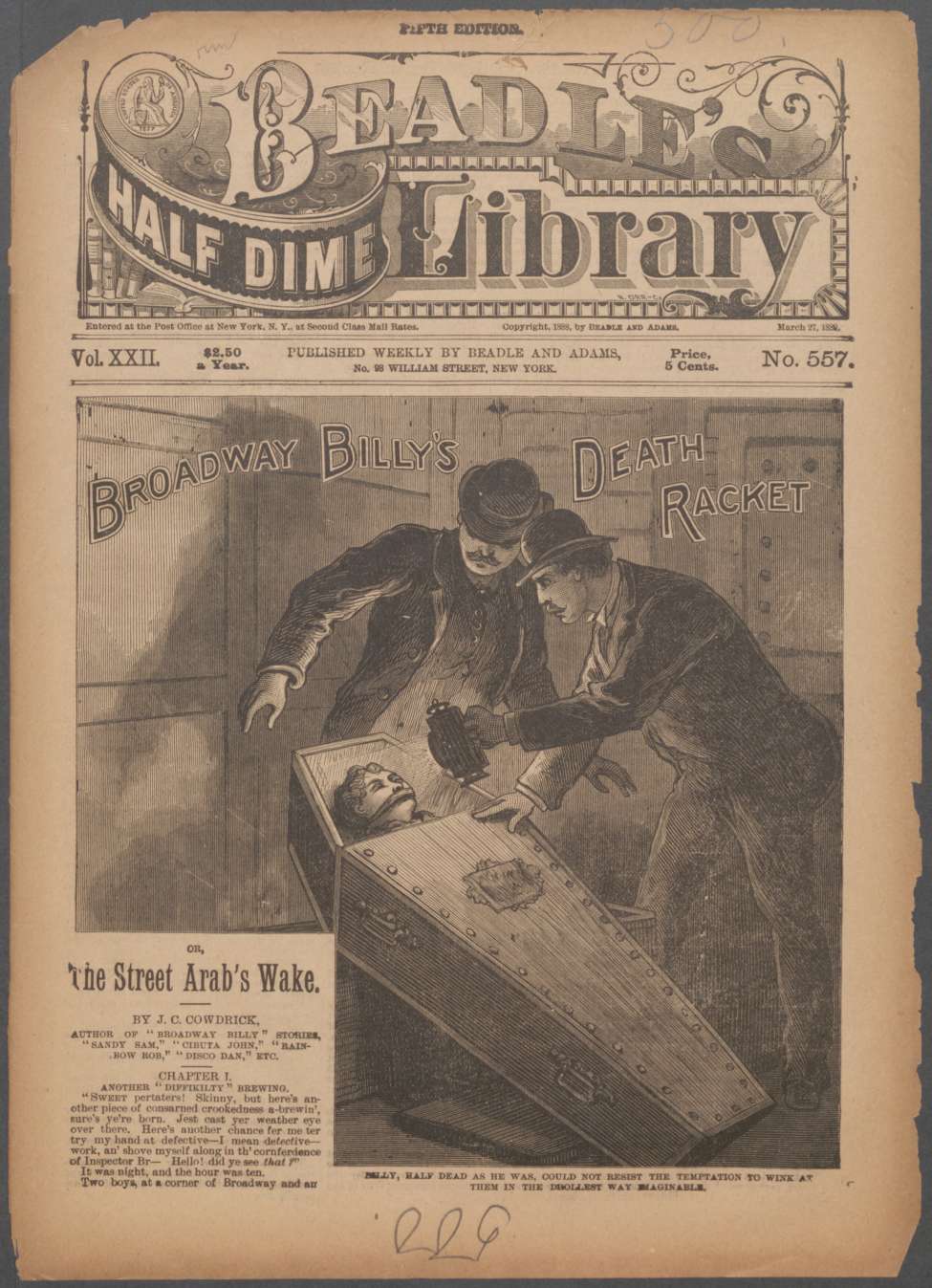 Book Cover For Beadle's Half Dime Library 557 - Broadway Billy's Death Racket