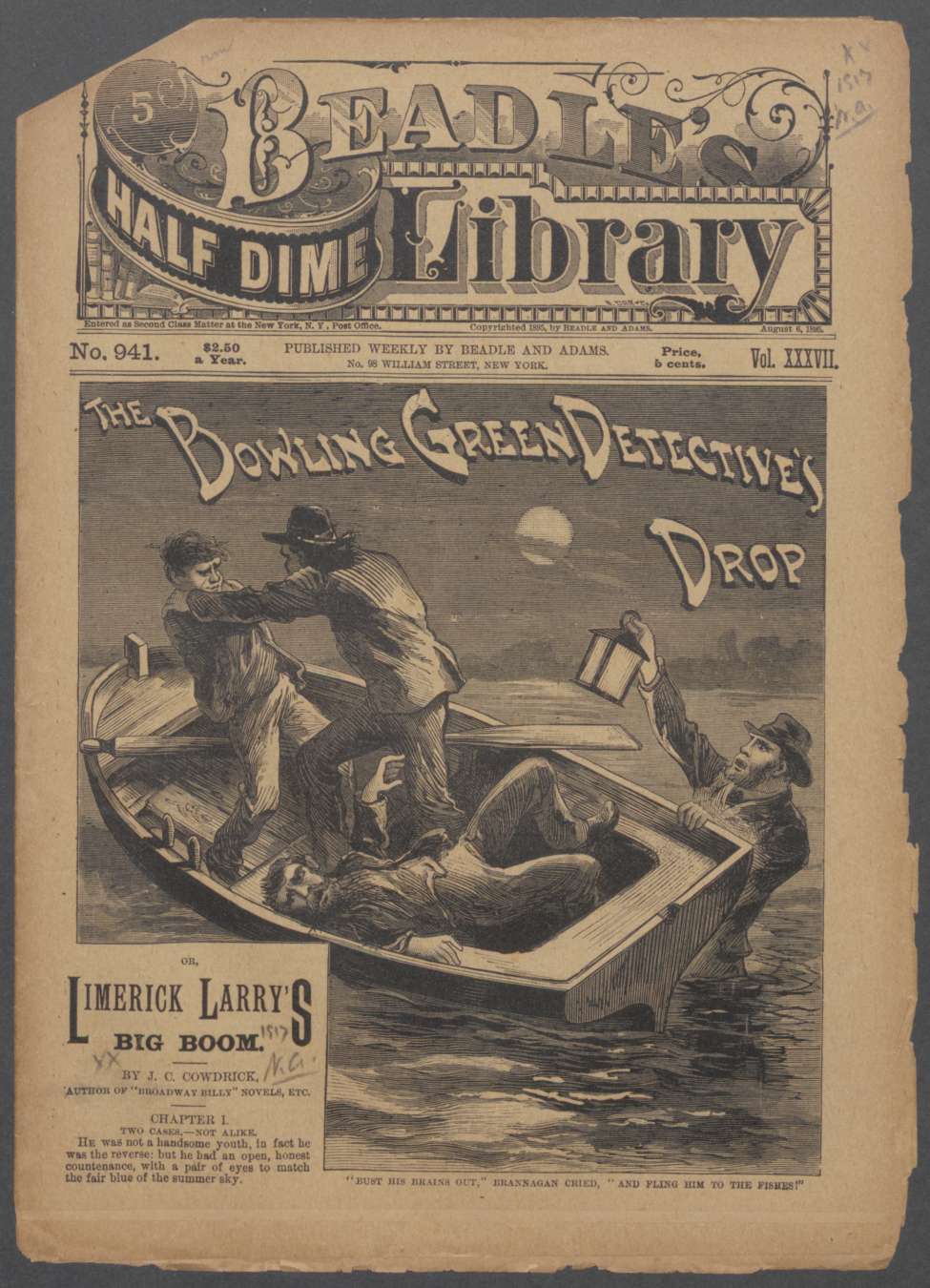 Book Cover For Beadle's Half Dime Library 941 - The Bowling Green Detective's Drop
