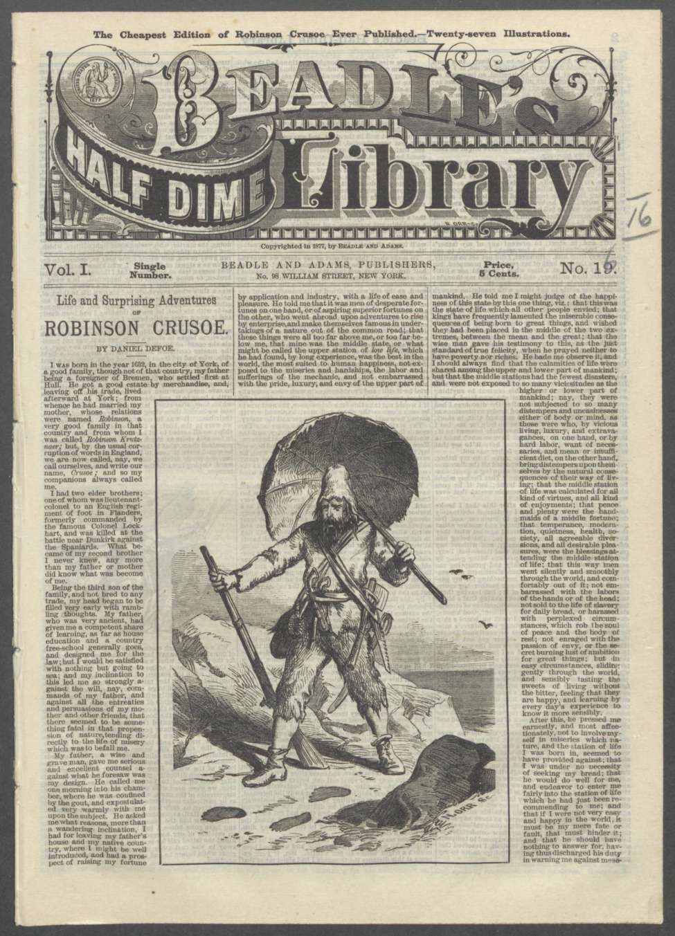 Book Cover For Beadle's Half Dime Library 16 - Life and Surprising Adventures of Robinson Crusoe