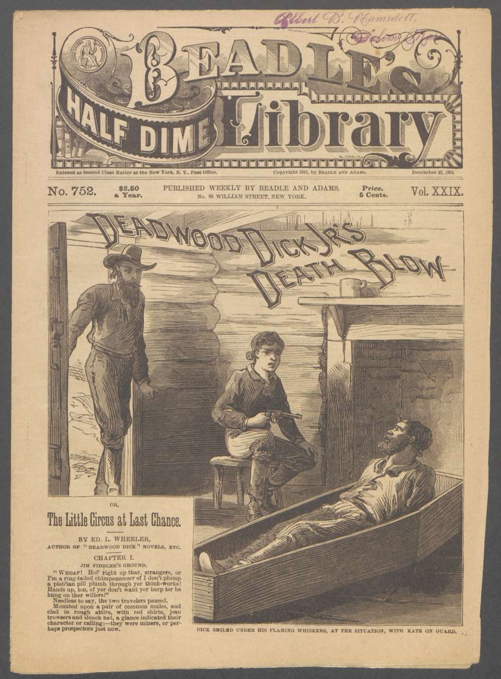Book Cover For Beadle's Half Dime Library 752 - Deadwood Dick Jr.'s Death Blow