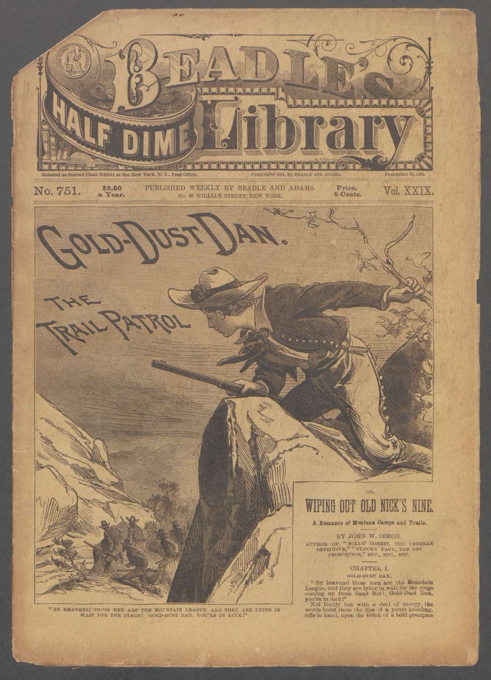 Book Cover For Beadle's Half Dime Library 751 - Gold-Dust Dan, the Trail Patrol