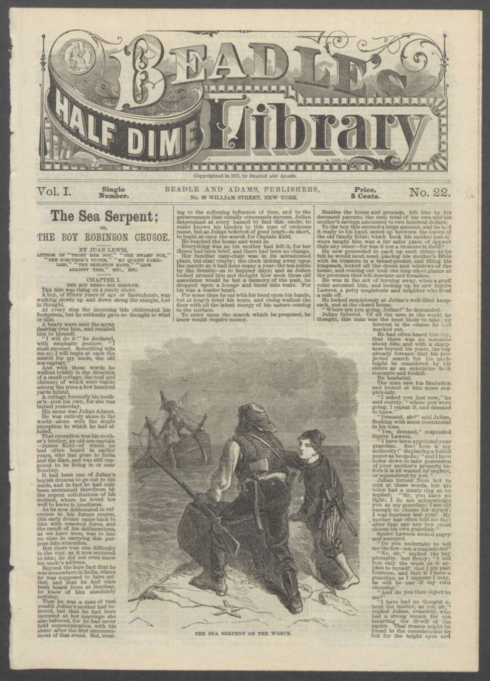 Book Cover For Beadle's Half Dime Library 22 - The Sea Serpent