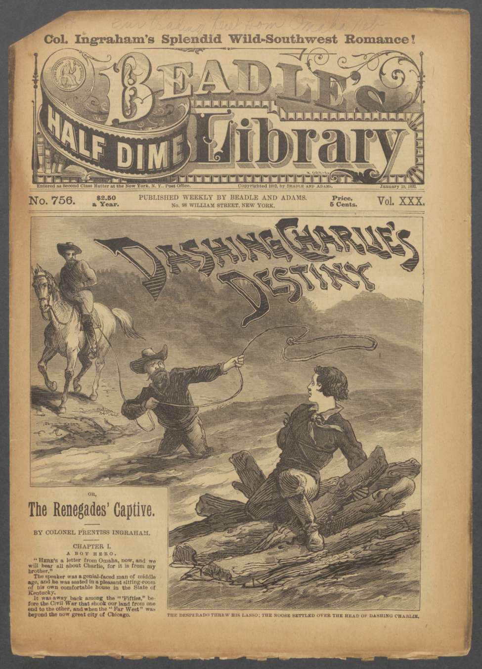 Book Cover For Beadle's Half Dime Library 756 - Dashing Charlie's Destiny
