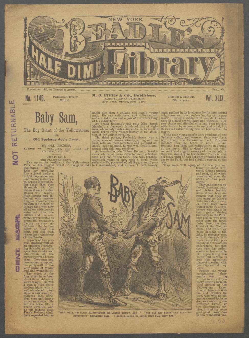 Book Cover For Beadle's Half Dime Library 1146 - Baby Sam, the Boy Giant of the Yellowstone