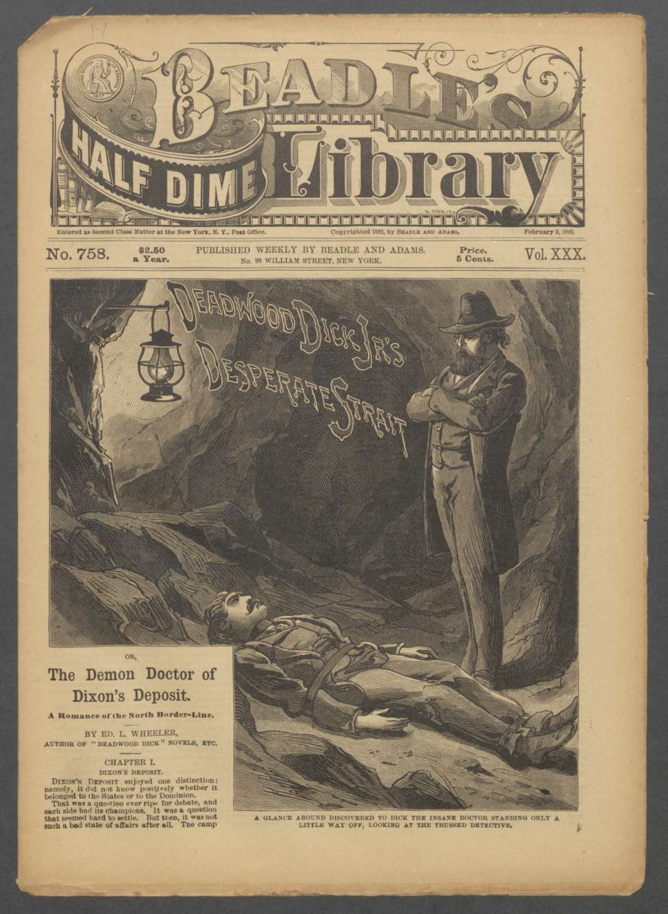 Book Cover For Beadle's Half Dime Library 758 - Deadwood Dick Jr.'s Desperate Strait