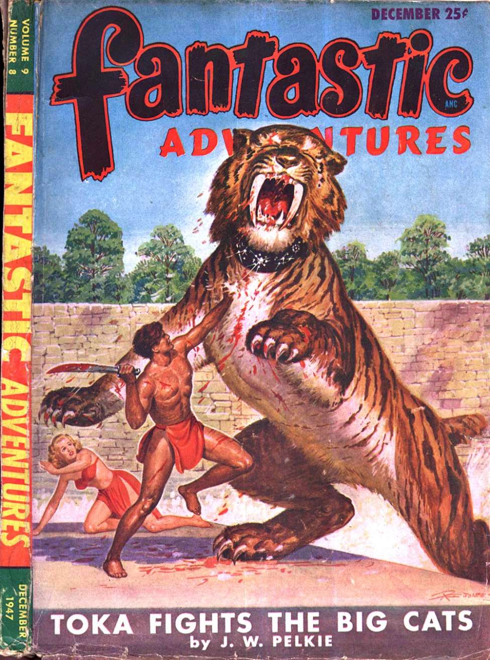 Book Cover For Fantastic Adventures v9 8 - Toka Fights the Big Cats - J. W. Pelkie