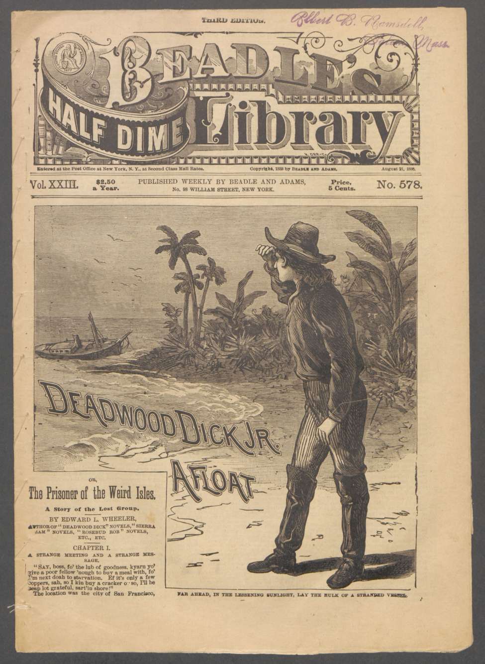Book Cover For Beadle's Half Dime Library 578 - Deadwood Dick Jr. Afloat