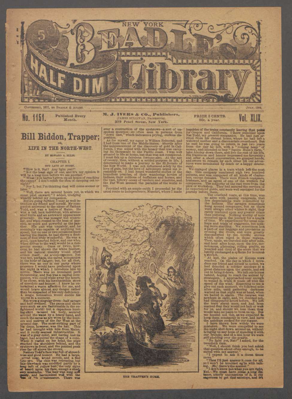 Book Cover For Beadle's Half Dime Library 1151 - Bill Biddon, Trapper