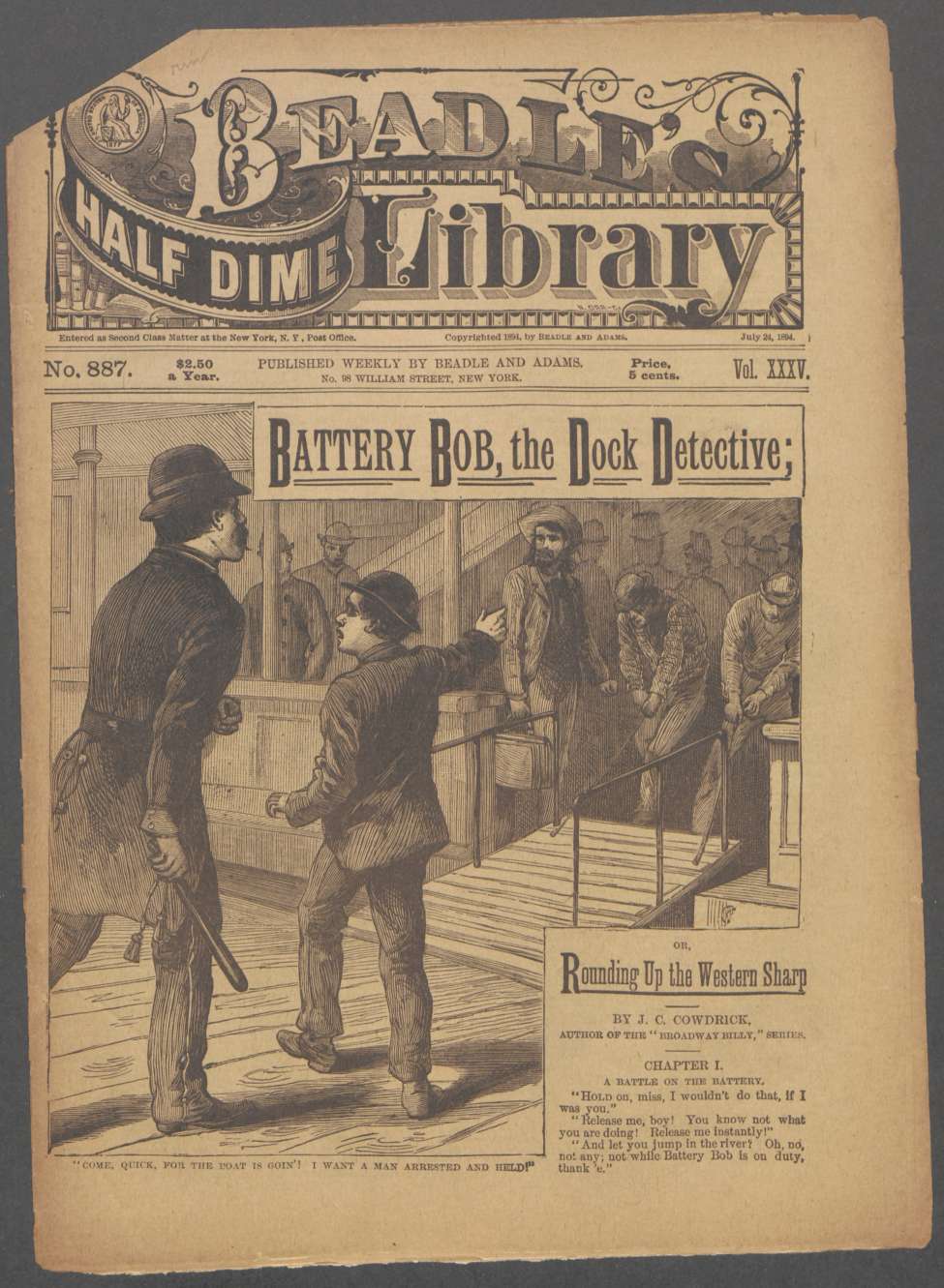 Book Cover For Beadle's Half Dime Library 887 - Battery Bob, the Dock Detective