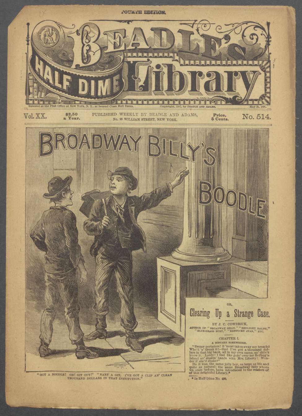 Book Cover For Beadle's Half Dime Library 514 - Broadway Billy's Boodle