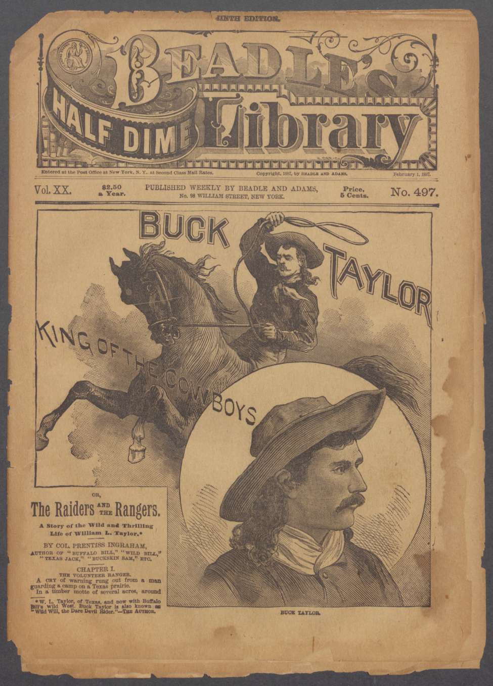 Book Cover For Beadle's Half Dime Library 497 - Buck Taylor, King of the Cowboys