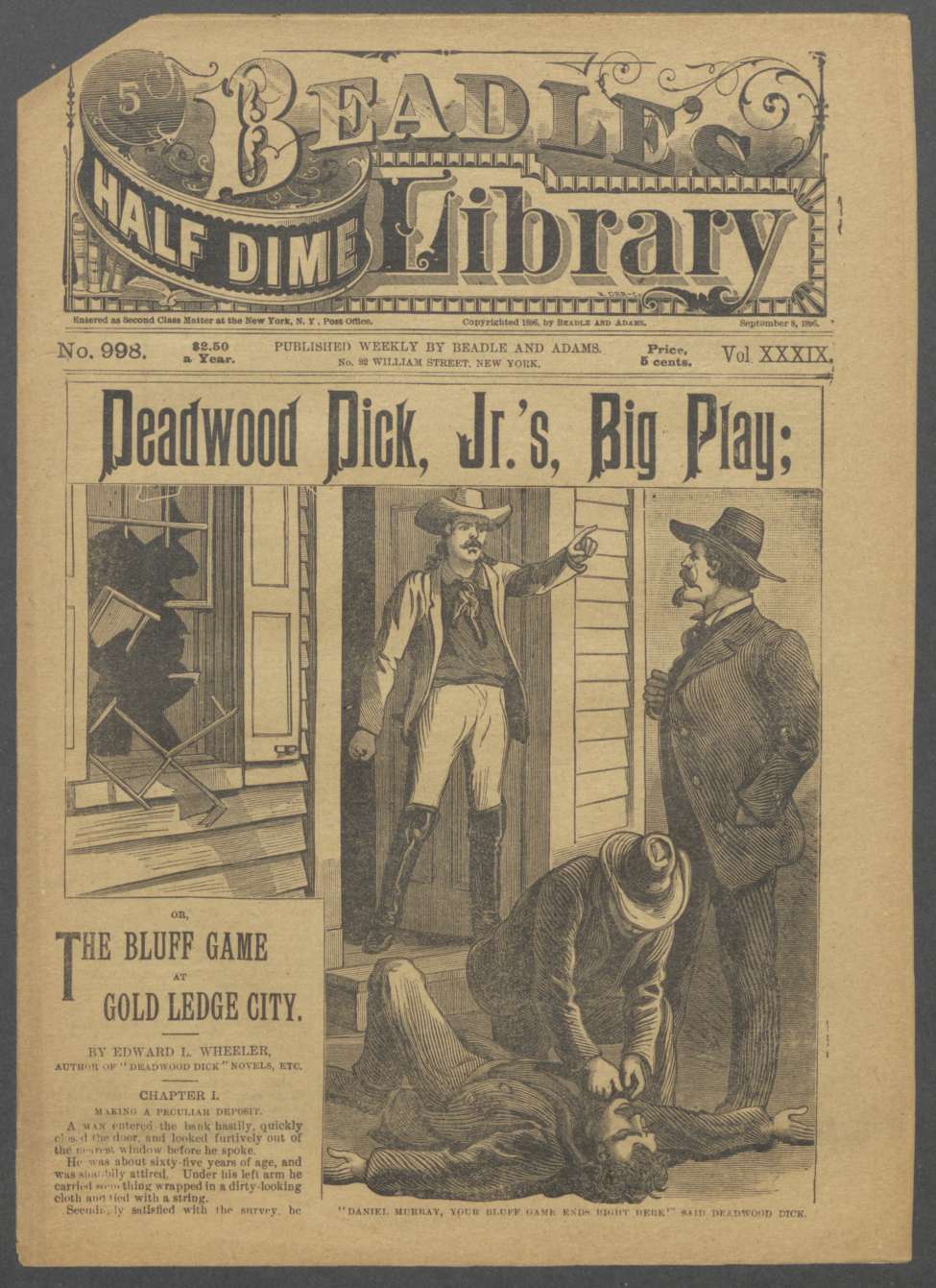 Book Cover For Beadle's Half Dime Library 998 - Deadwood Dick Jr's Big Play