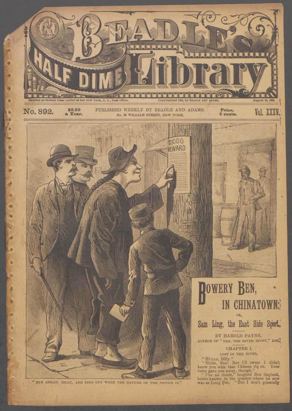 Book Cover For Beadle's Half Dime Library 892 - Bowery Ben on Chinatown