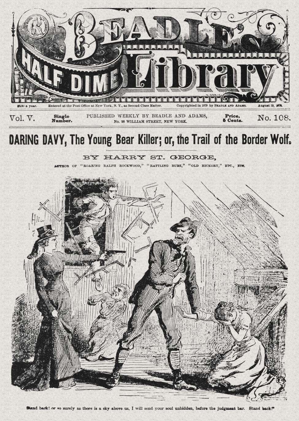 Book Cover For Beadle's Half Dime Library 108 - Daring Davy, The Young Bear Killer