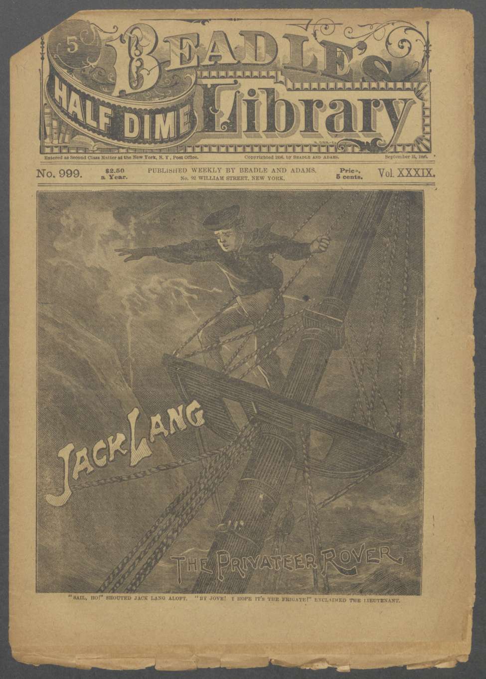 Book Cover For Beadle's Half Dime Library 999 - Jack Lang, the Privateer Rover