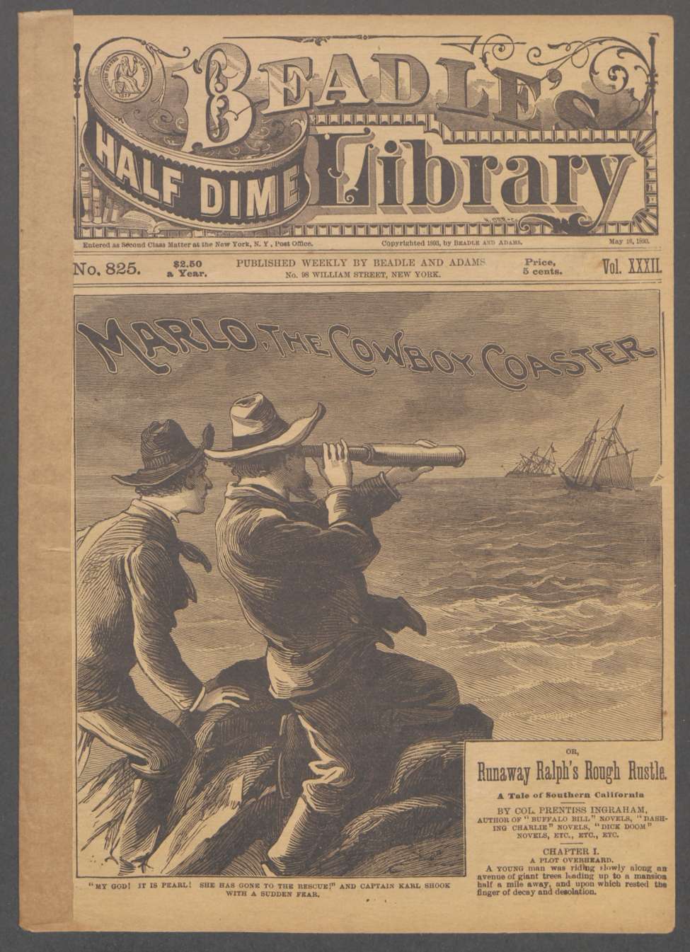 Book Cover For Beadle's Half Dime Library 825 - Marlo, the Cowboy Coaster