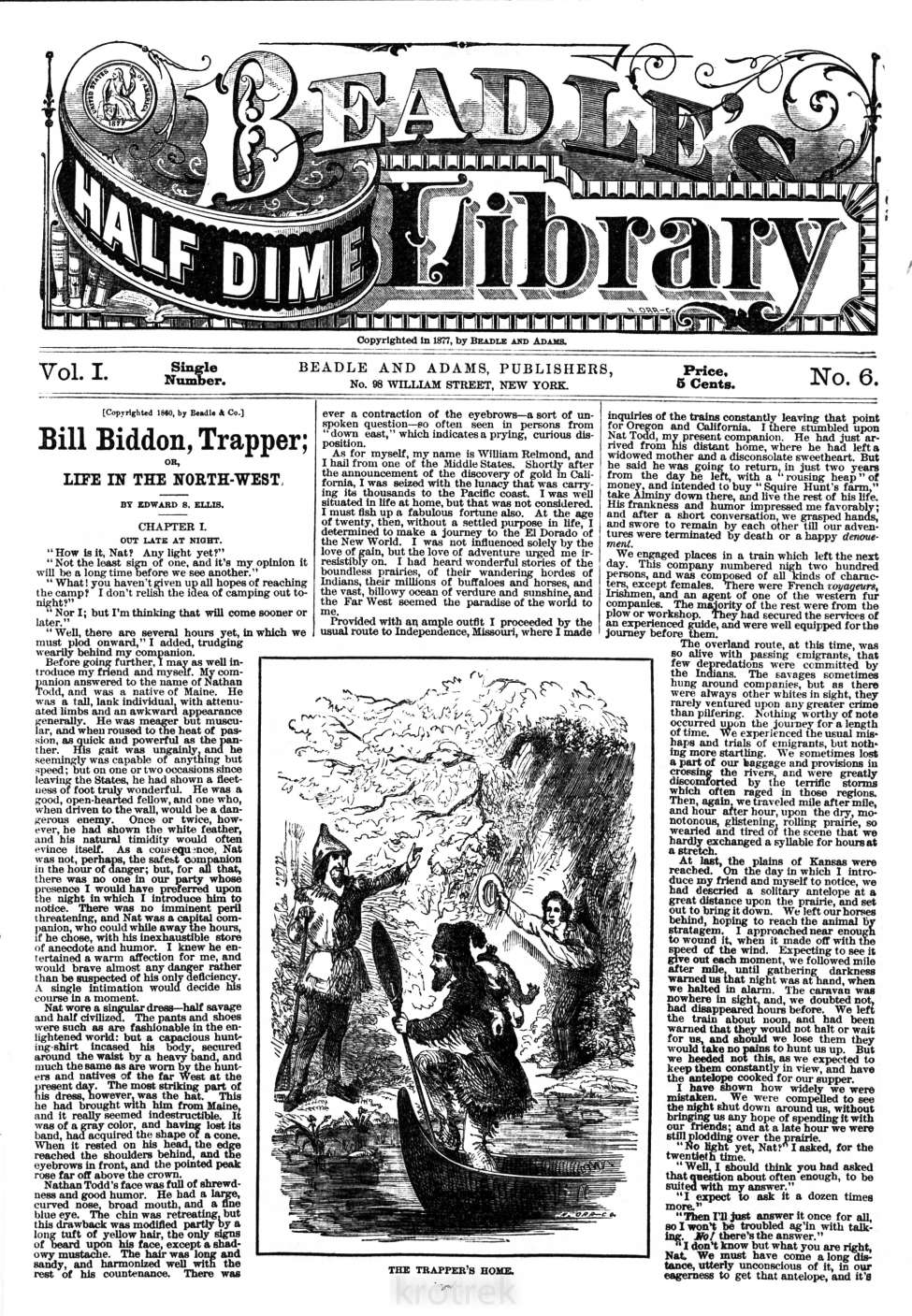 Book Cover For Beadle's Half Dime Library 6 - Bill Biddon, Trapper