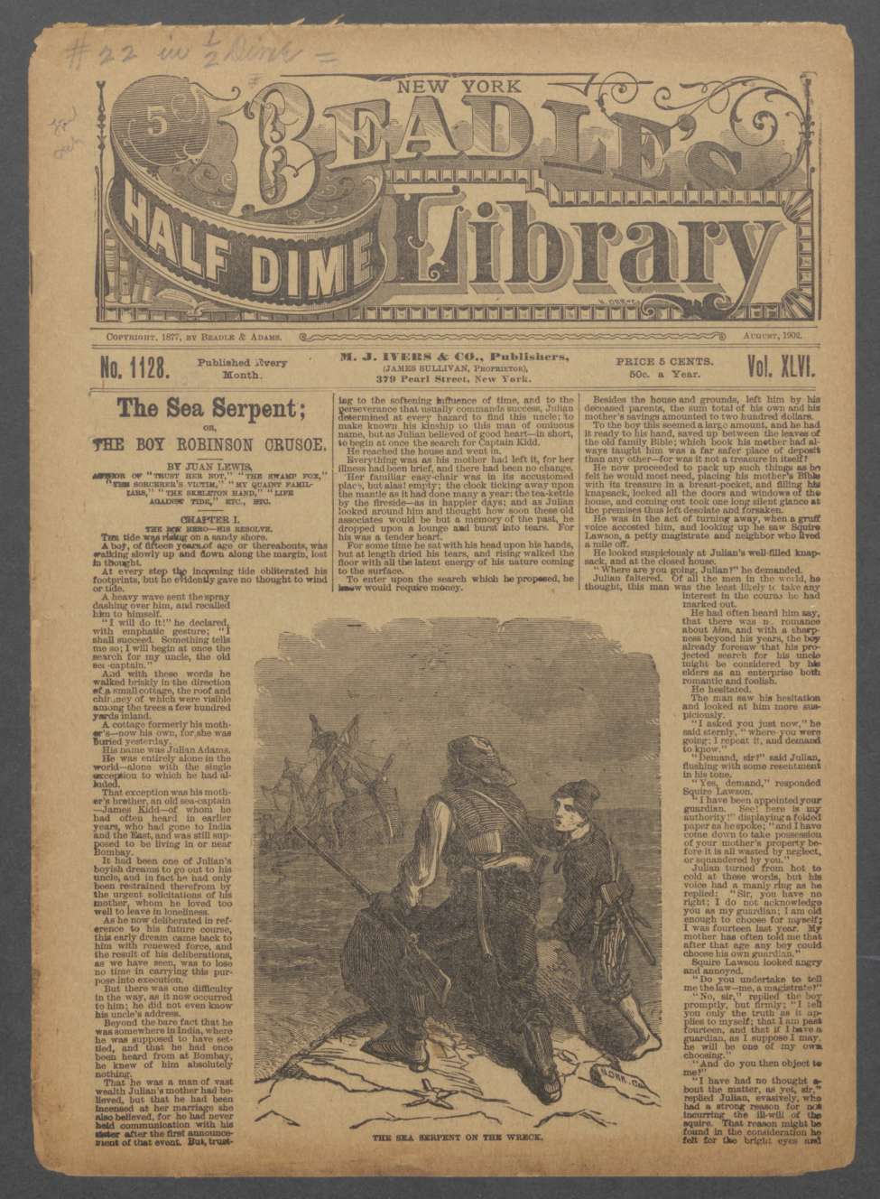 Book Cover For Beadle's Half Dime Library 1128 - The Sea Serpent