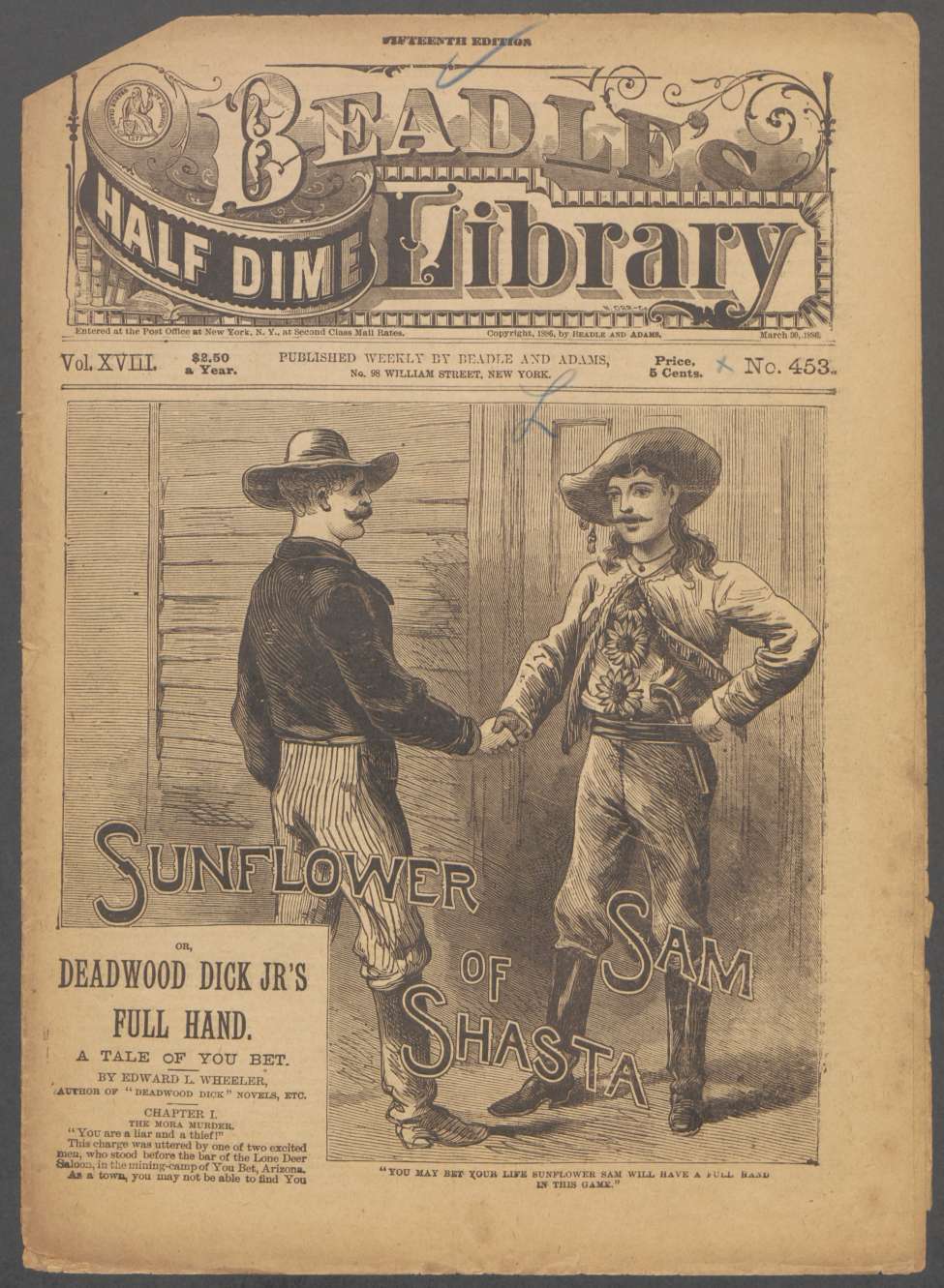 Book Cover For Beadle's Half Dime Library 453 - Sunflower Sam of Shasta