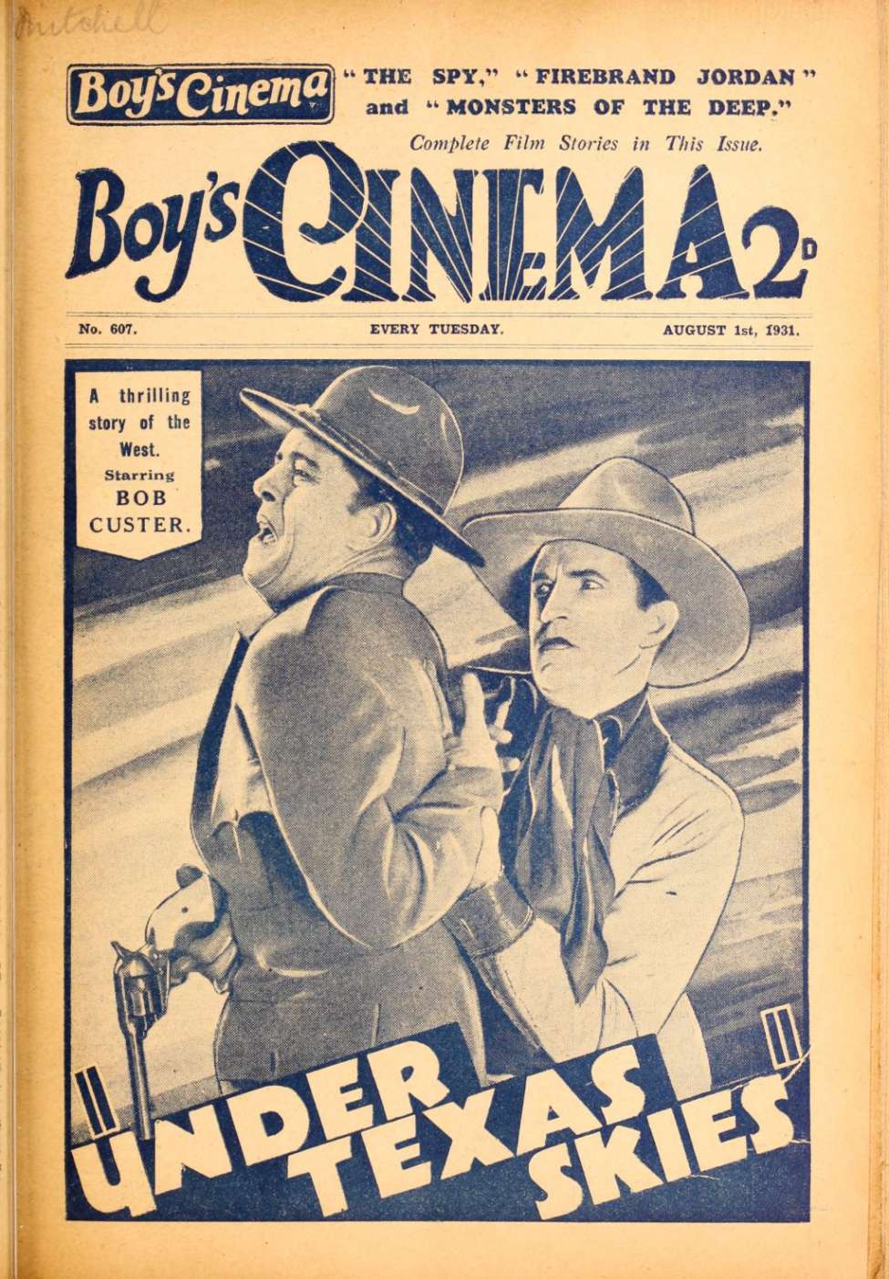 Comic Book Cover For Boy's Cinema 607 - Under Texas Skies - Bob Custer