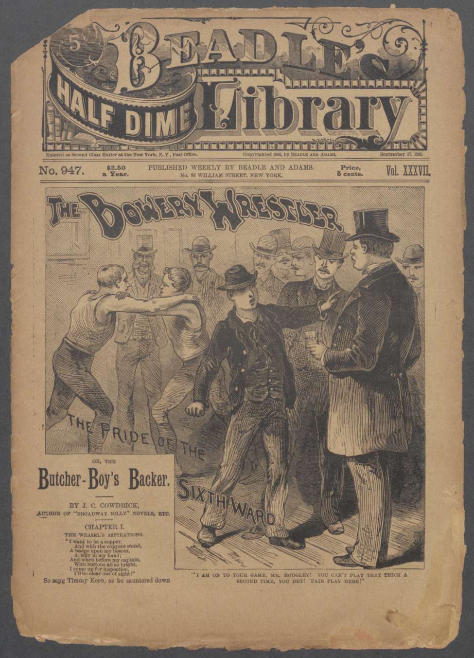 Book Cover For Beadle's Half Dime Library 947 - Bowery Wrestler, the Pride of the Sixth Ward