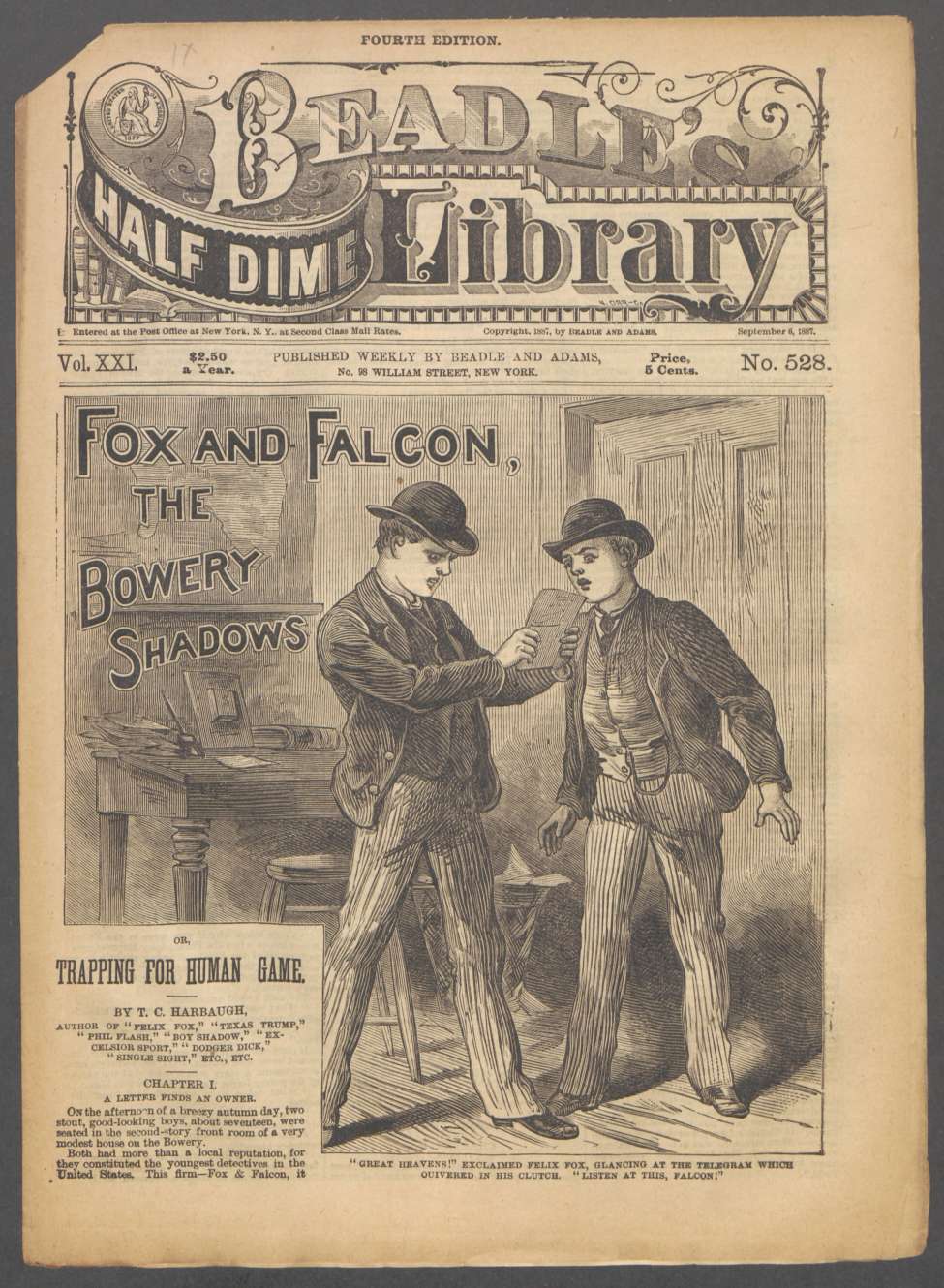 Book Cover For Beadle's Half Dime Library 528 - Fox and Falcon, the Bowery Shadows